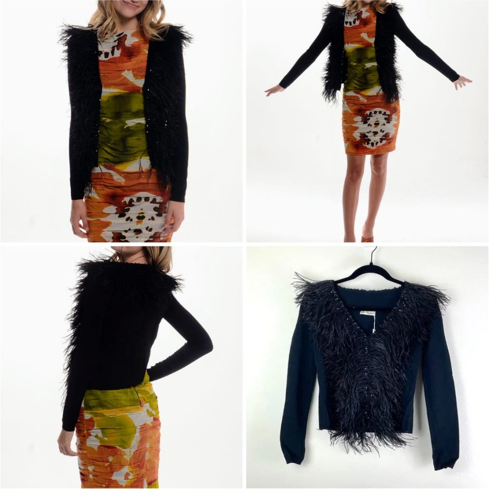 Blumarine Black Ostrich Feather & Sequin Cardigan/Top Italian Sz: 40/ US Sz: XS